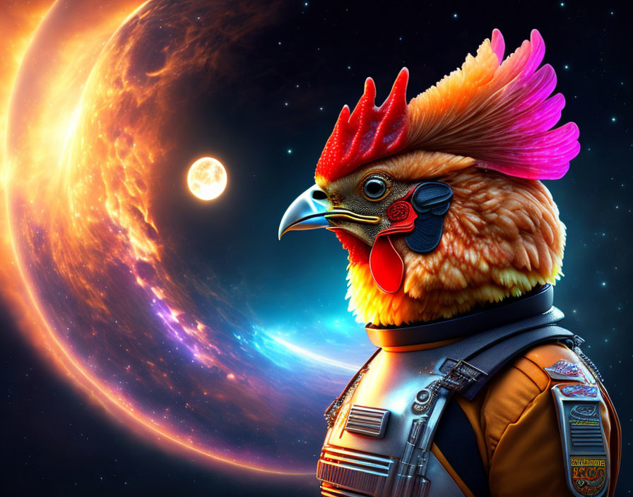 Vibrant rooster in space suit with planet and moon background