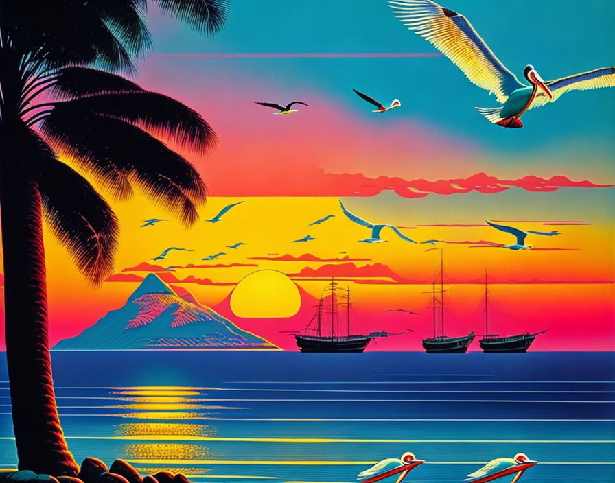 Colorful tropical sunset with palm trees, ships, seabirds, and ocean reflection