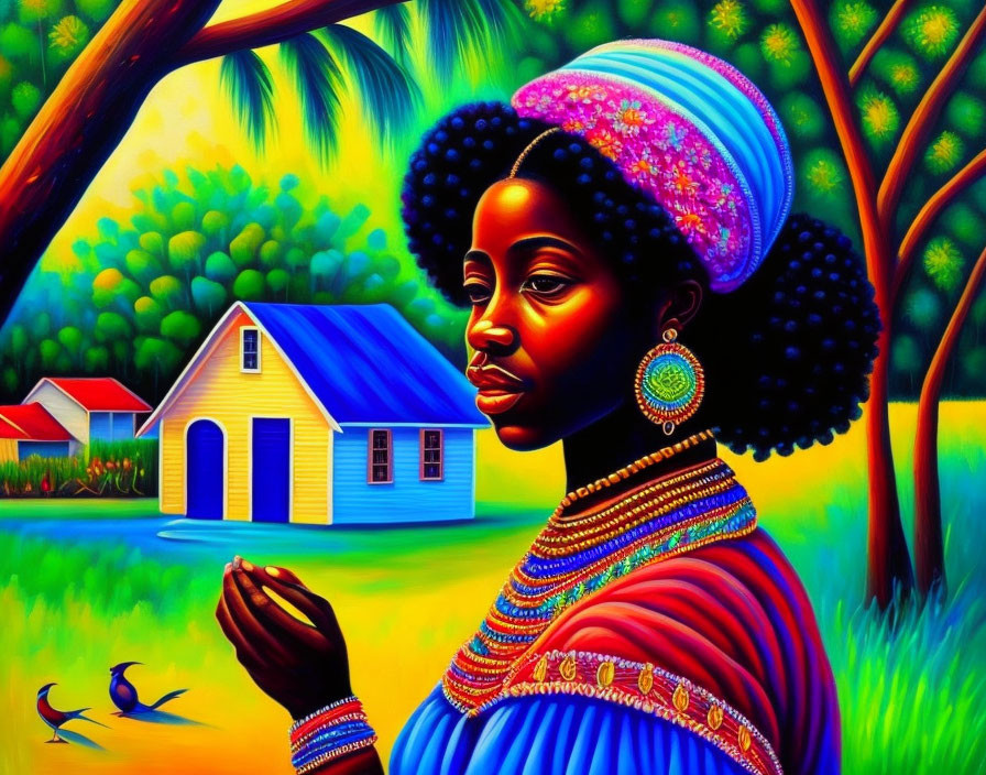 Vibrant illustration of woman in traditional attire in tropical setting