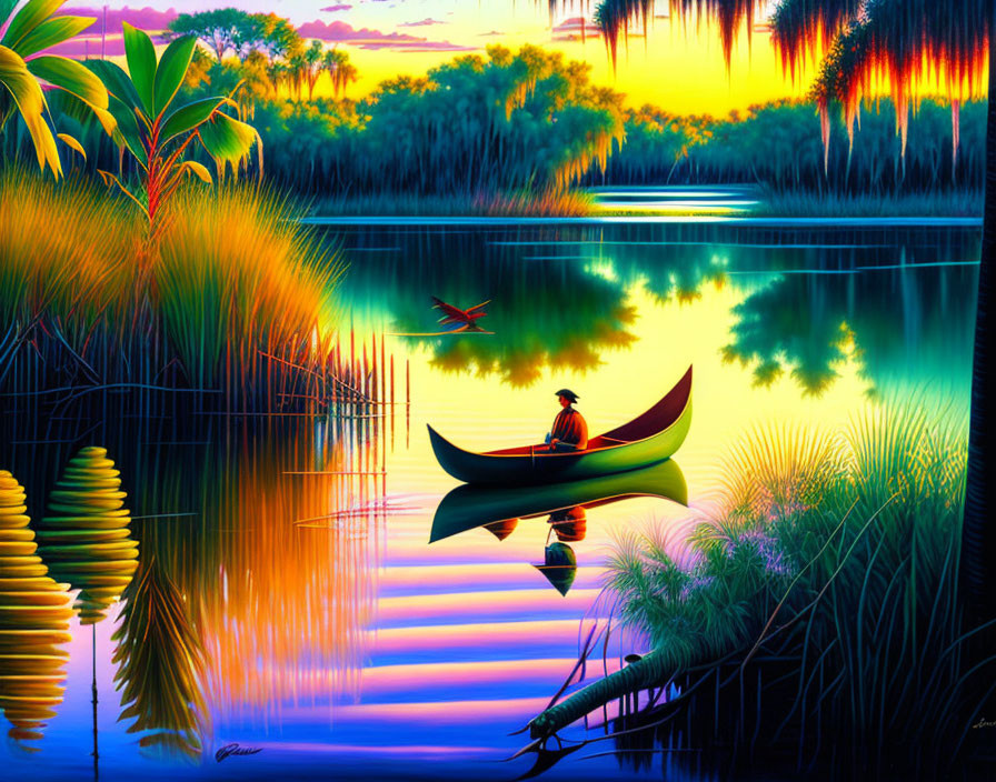 Tranquil river landscape with person in canoe at sunset