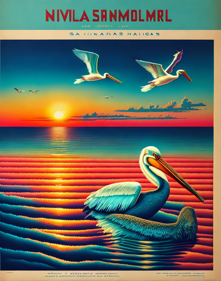 Colorful Vintage Travel Poster with Pelicans and Ocean Sunset Theme