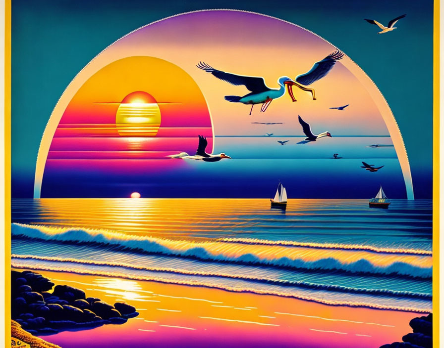 Colorful sunset digital artwork with sun, birds, sea, boats, and rocky shoreline