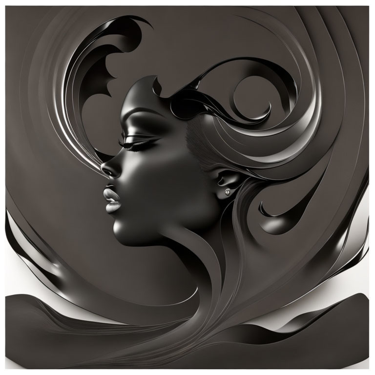 Monochromatic woman's profile with flowing hair and abstract shapes