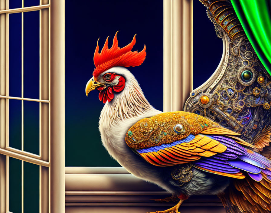 Colorful Rooster Beside Detailed Window in Dark Background