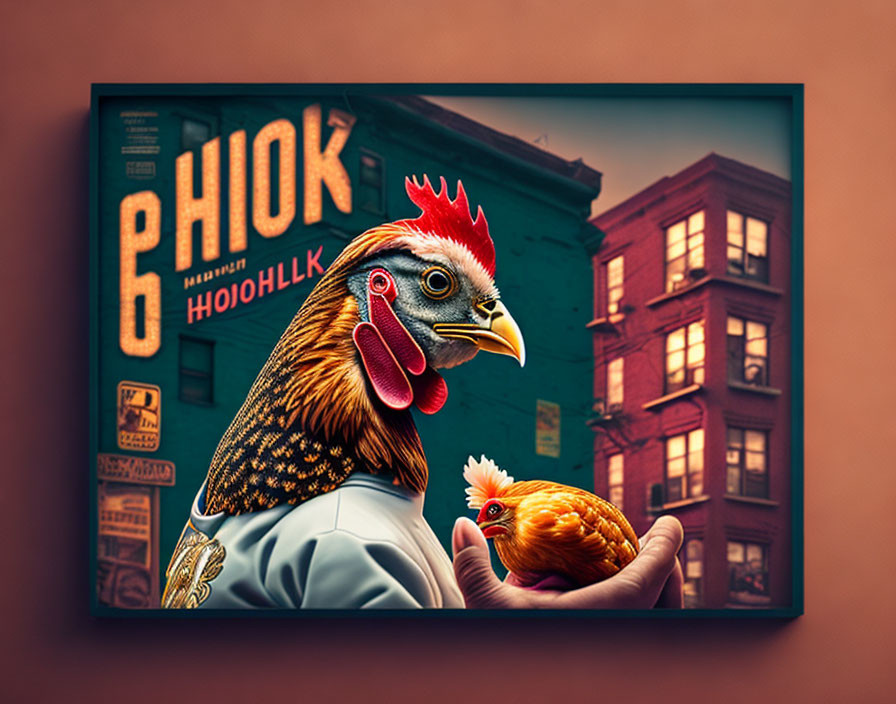 Digital artwork: Rooster with human body in suit holding chicken on city street