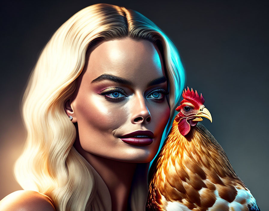 Surreal fusion of woman's face and chicken in seamless blend