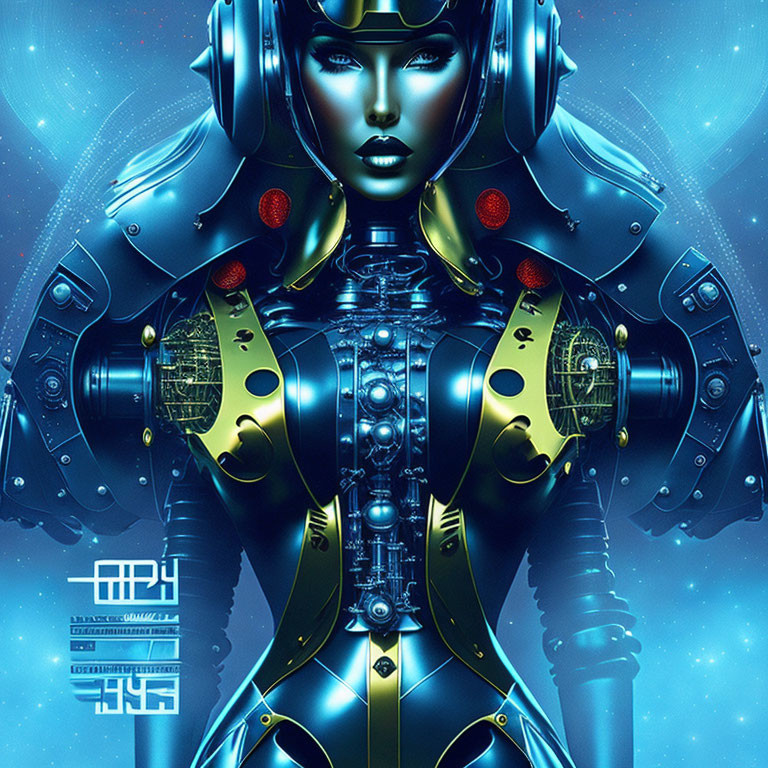 Blue-armored female android with red eyes in space.