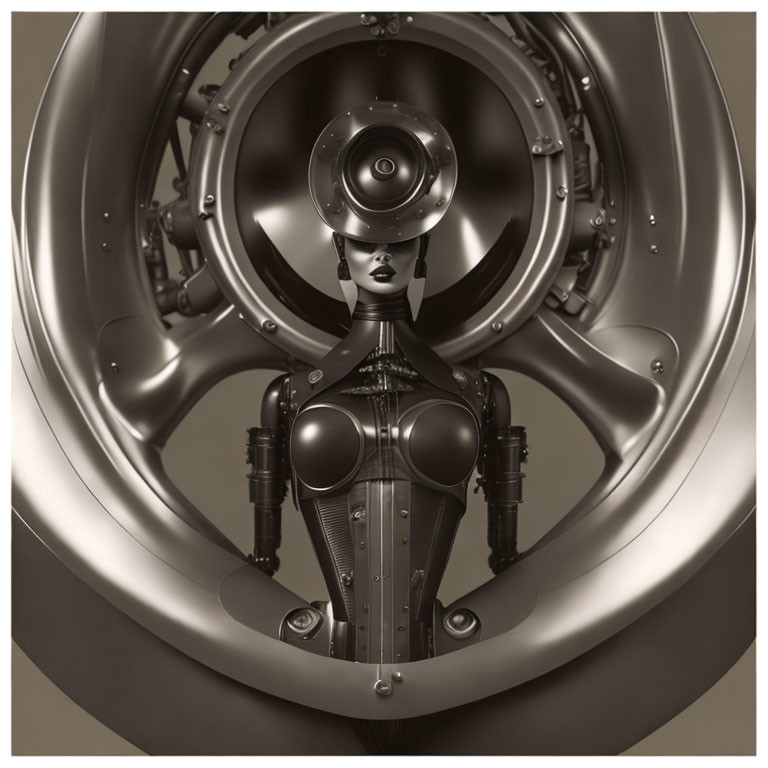 Monochrome stylized female figure with robotic features in circular mechanical structure