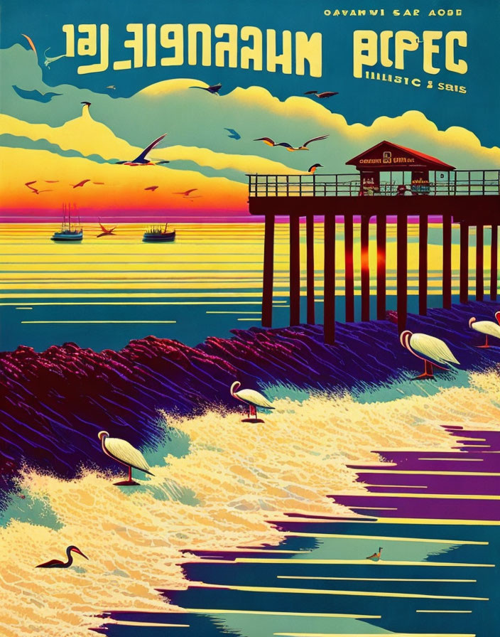 Retro-style sunset pier poster with flamingos, boats, and reflective text.