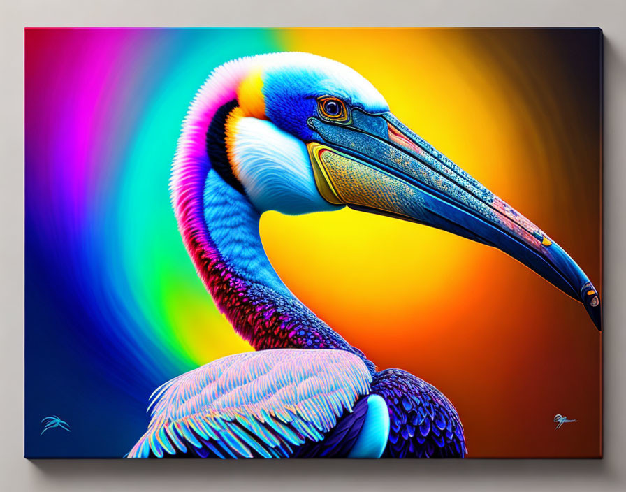 Colorful Pelican Artwork with Rainbow Background and Abstract Elements