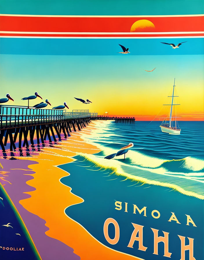 Colorful Poster Featuring Pier, Boat, Birds, Plane Trails, and Sunset