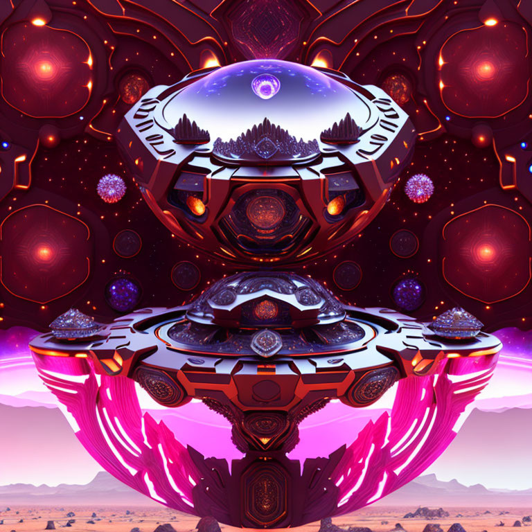 Symmetrical surreal alien structure in purple desert landscape