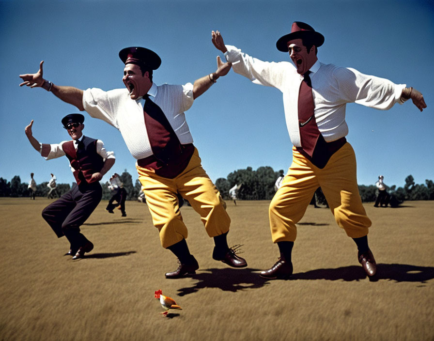 Vintage Attired Men Dancing in Field with Toy Chicken