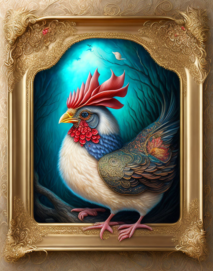 Surreal rooster painting in ornate gold frame against moonlit backdrop