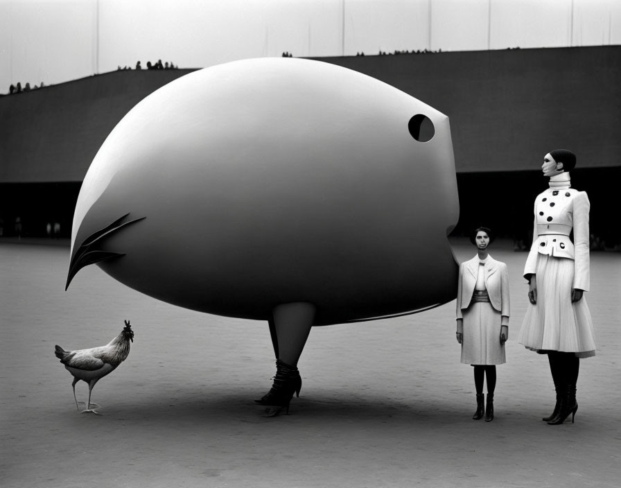 Women with giant bird balloon and chicken in neutral setting