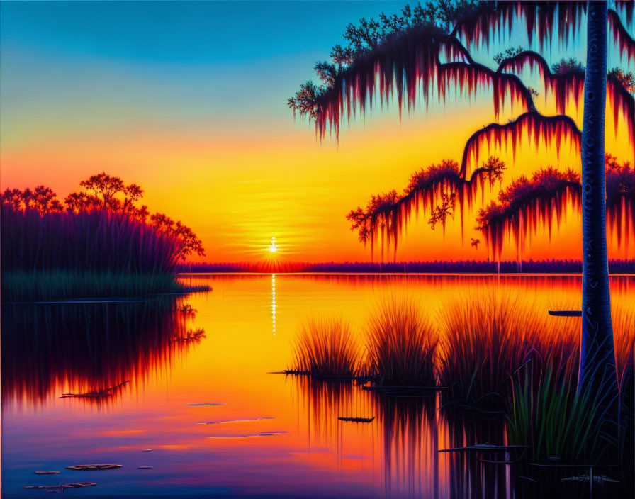 Serene lake sunset with palm tree silhouettes & reflections