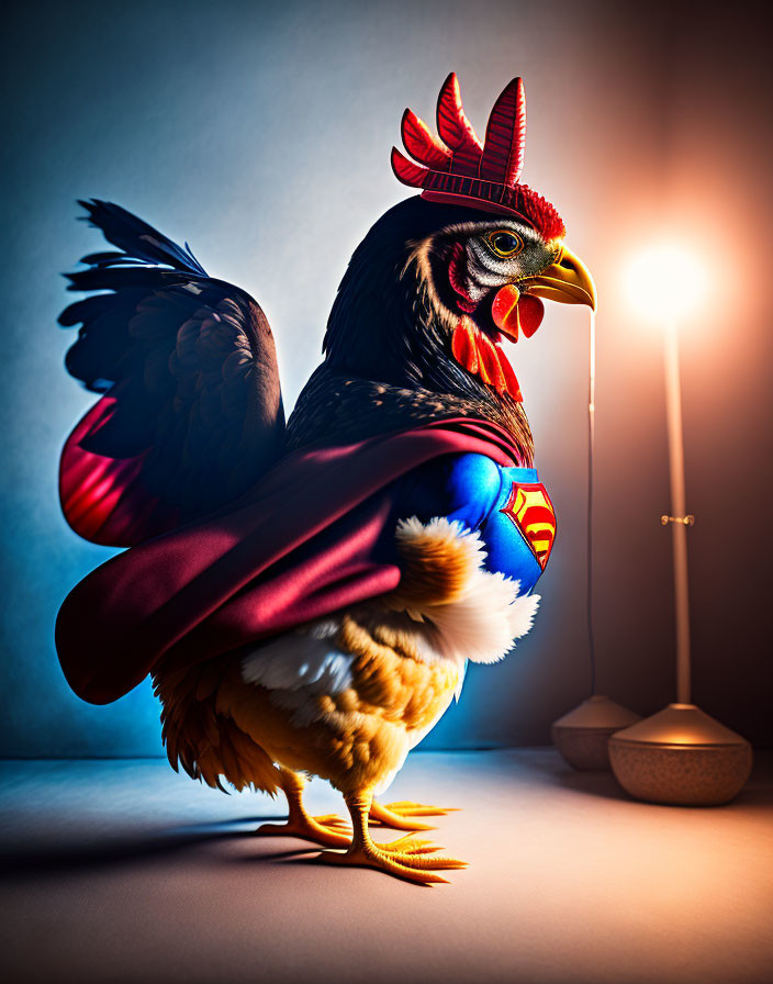 Chicken in Superman costume with cape next to floor lamp