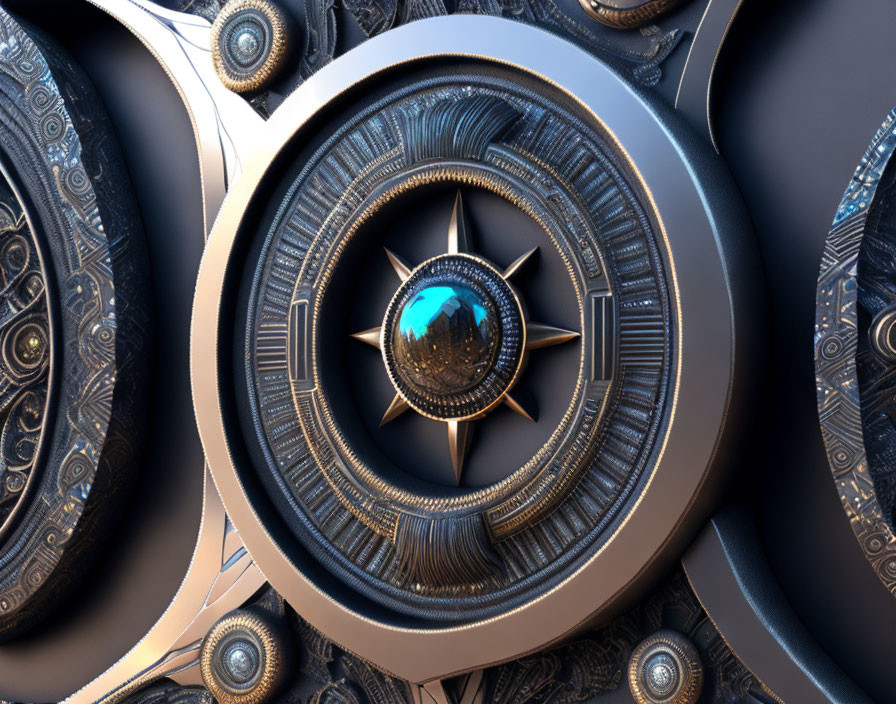 Detailed 3D graphic of metallic ornate structure with futuristic eye centerpiece