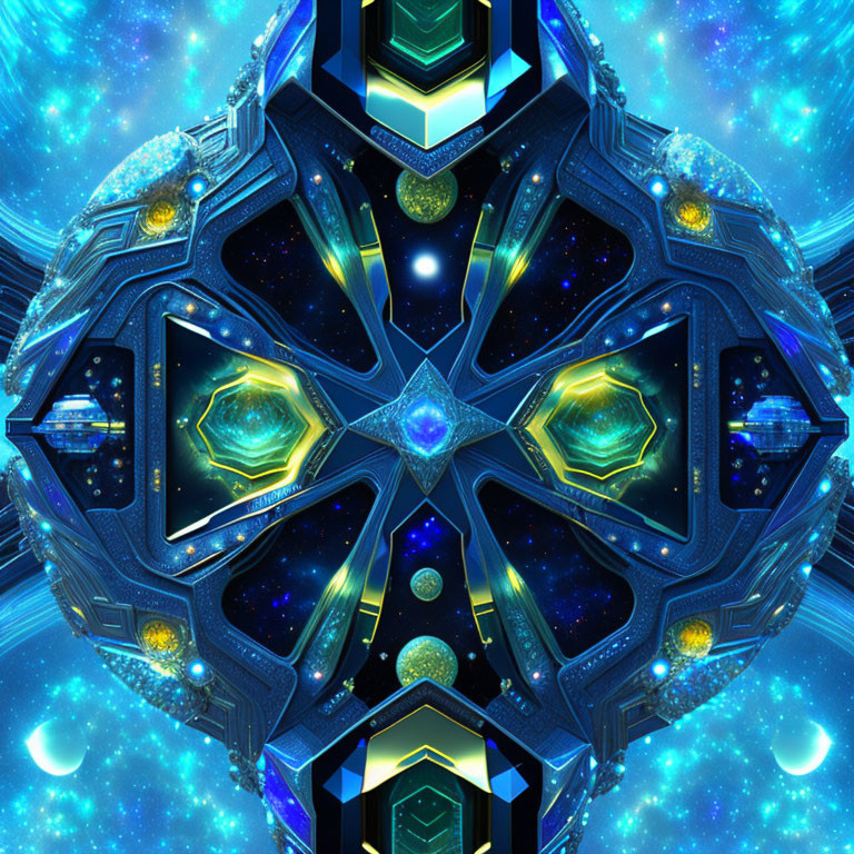 Symmetrical fractal image with bright blues, yellows, and hints of green