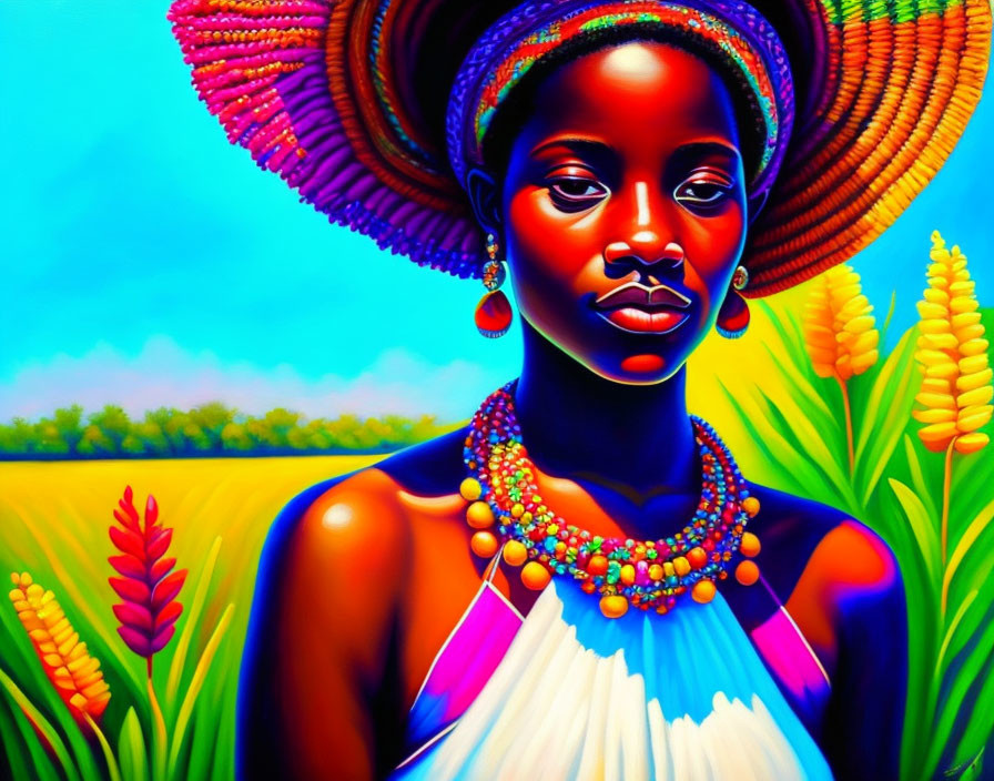 Colorful painting of woman with hat and beads in vibrant landscape