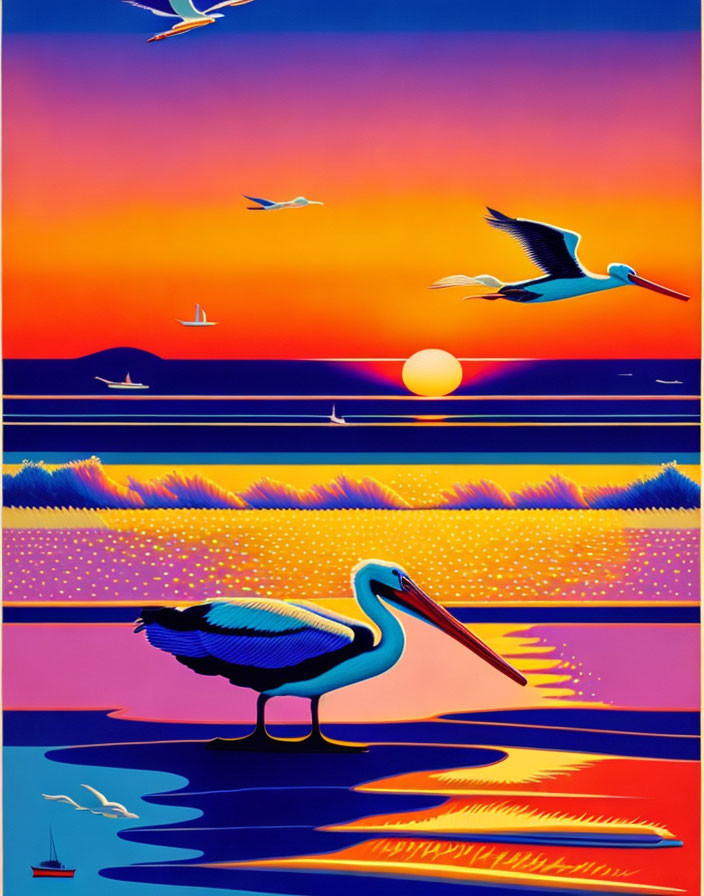 Colorful Pelican Painting by the Sea at Sunset