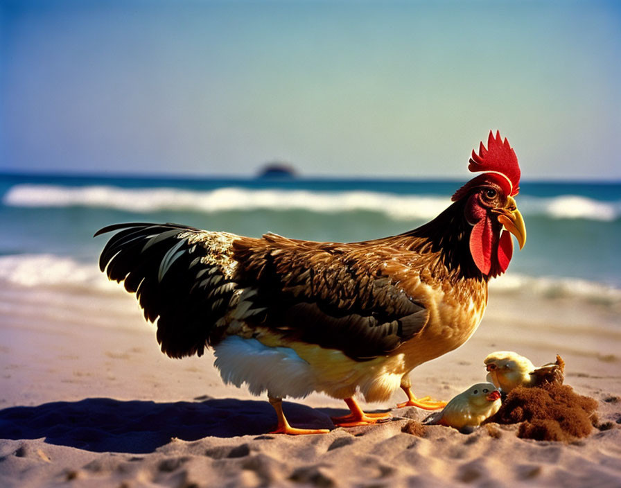 Hen and chick on sandy beach with gentle waves and clear blue sky