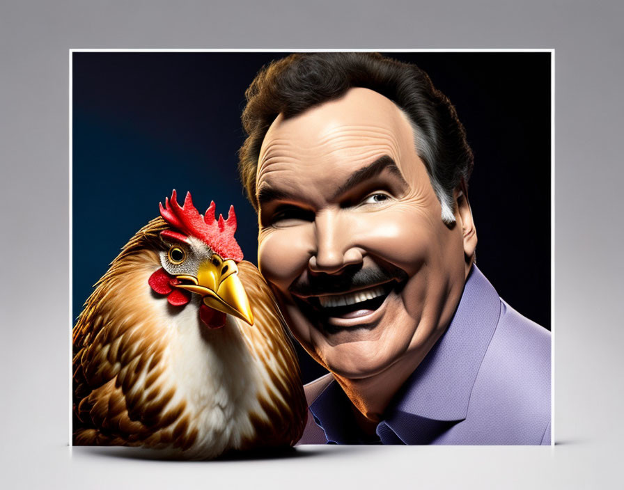 Man with Mustache Laughing Next to Chicken in Purple Shirt Illustration