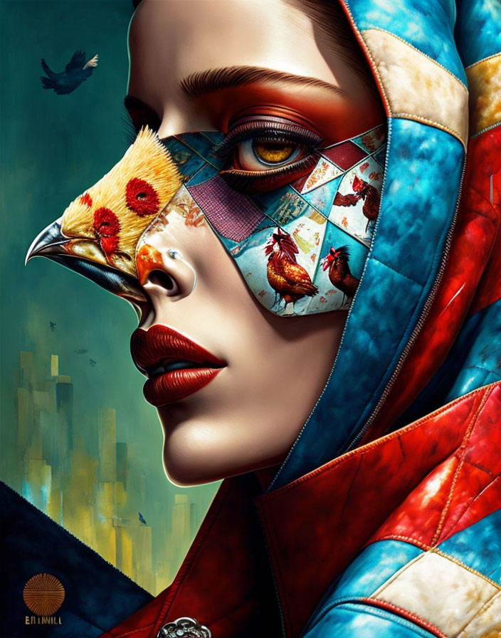 Vibrant digital artwork featuring woman with bird beak mask and quilted hood