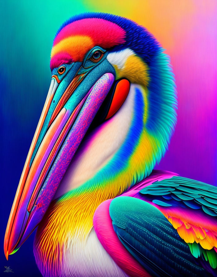 Colorful Digital Artwork: Pelican with Rainbow Feathers