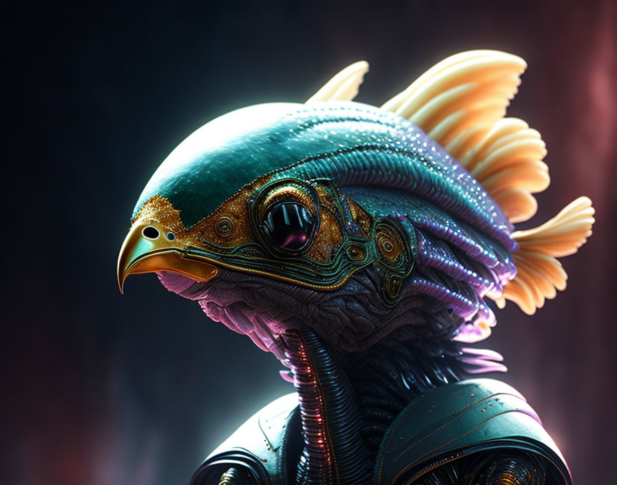 Detailed digital artwork: Bird-like robotic creature with golden accents on moody backdrop