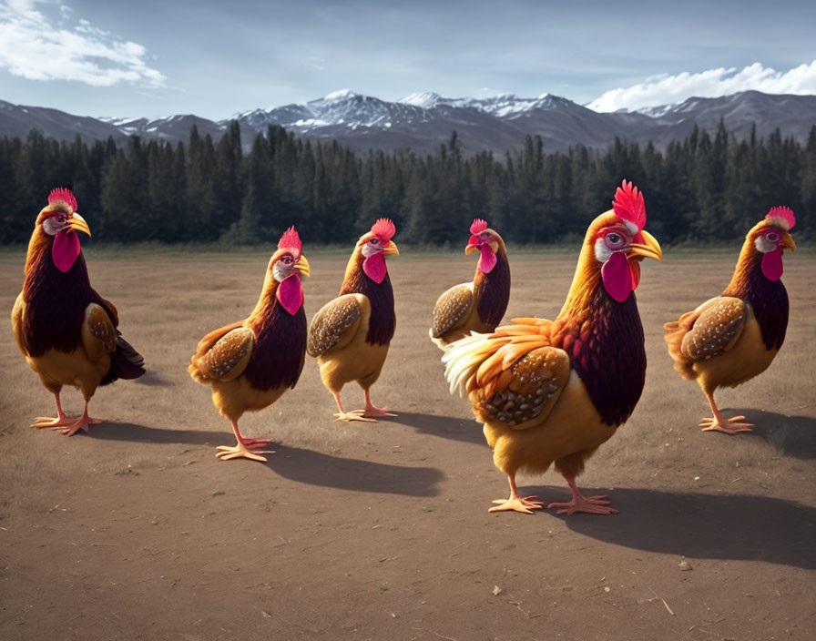 Group of chickens with red combs and wattles in field with mountains