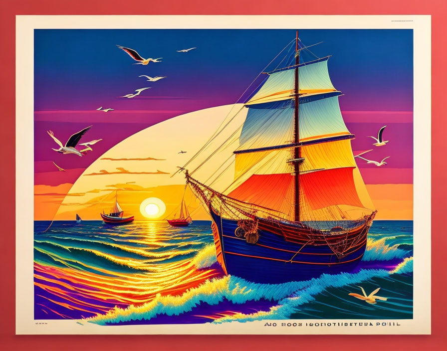 Colorful sunset seascape with sailing ship, seagulls, and stylized waves.