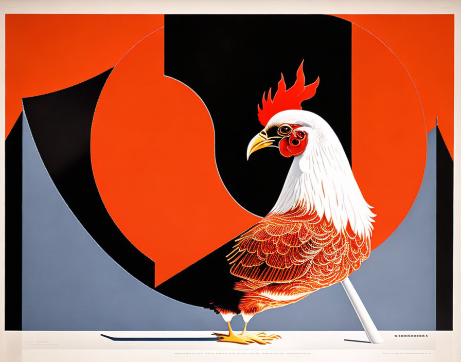 Detailed White Rooster Illustration on Bold Geometric Background