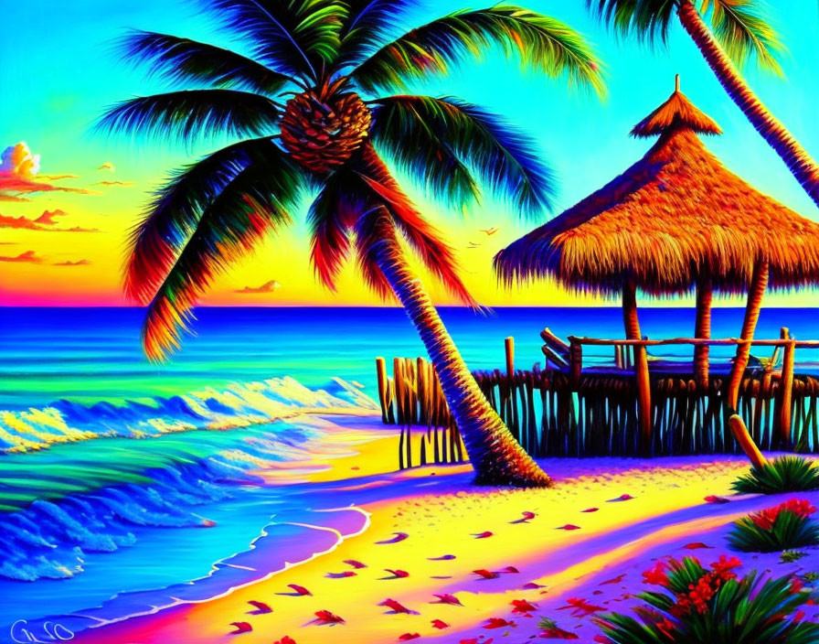 Colorful Beach Scene with Thatched Hut, Palm Tree, and Sunset Waves