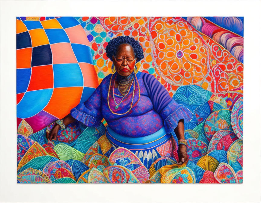 Colorful Artwork: Woman Surrounded by Patterned Fabrics and Hot Air Balloon