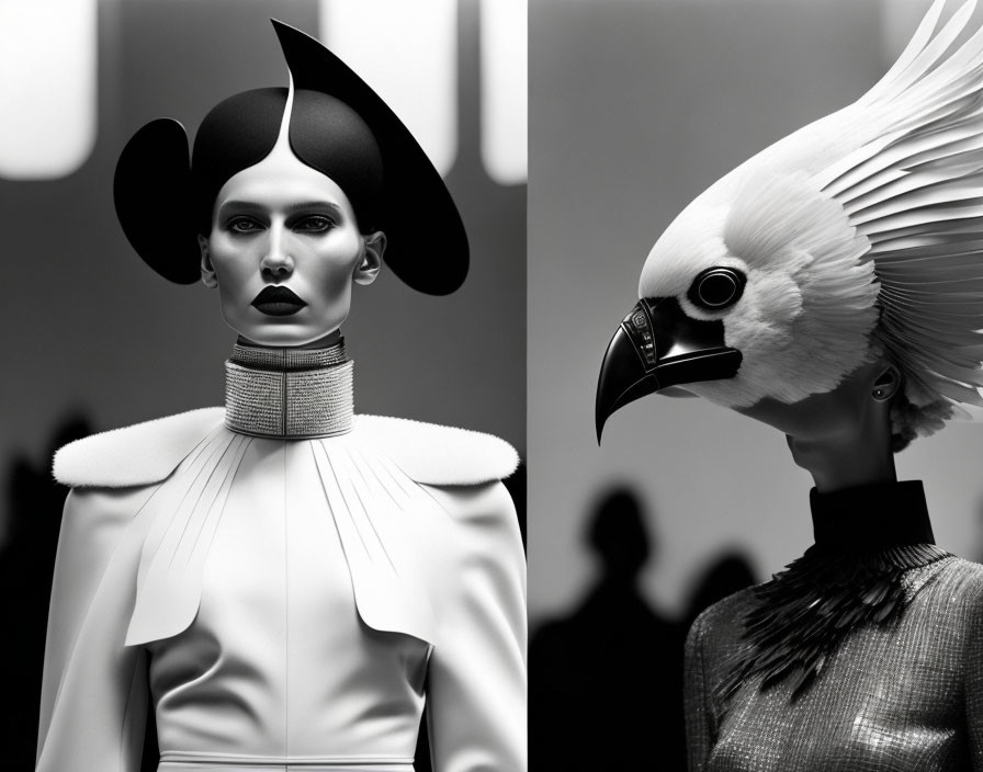 Split high-contrast black and white photo: woman in sculptural hat on left, mannequin