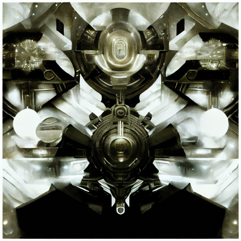 Symmetrical Abstract Art: Monochromatic Geometric Shapes & Futuristic Machinery Details