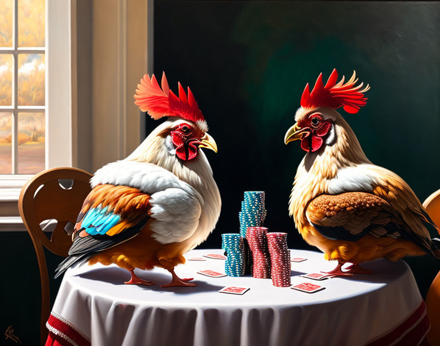 Roosters playing poker with chips and cards in a room