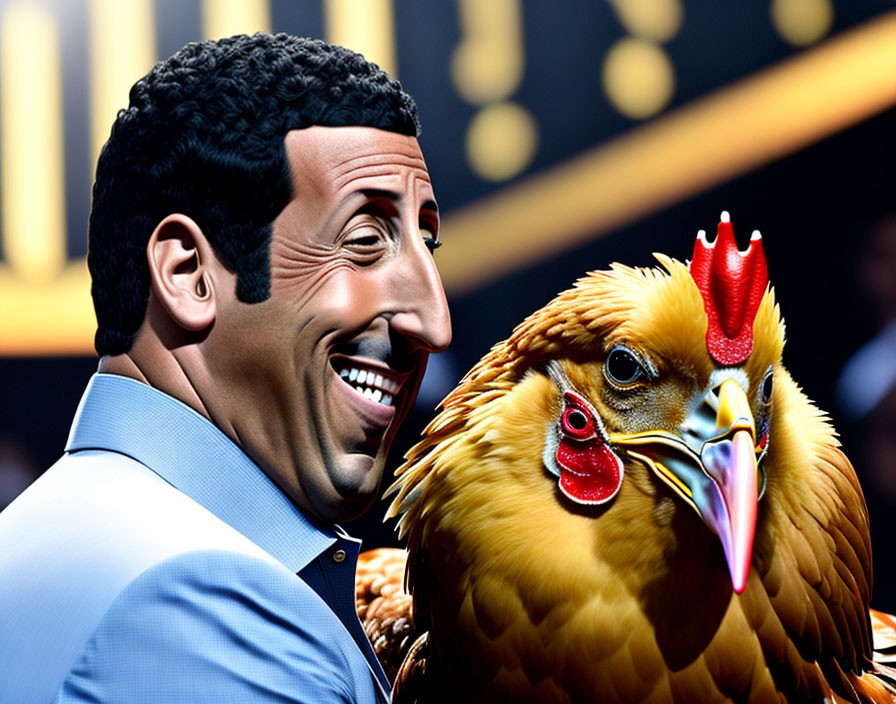 Caricature of a man with exaggerated smile beside realistic chicken with red comb.