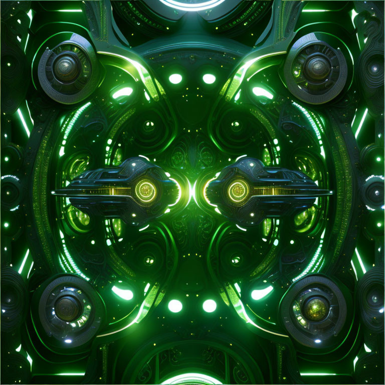 Symmetrical Sci-Fi Digital Art with Glowing Green Lights