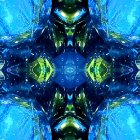 Symmetrical fractal image with bright blues, yellows, and hints of green