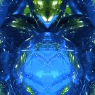 Symmetrical fractal digital art: Vibrant blue and yellow patterns resembling futuristic portal