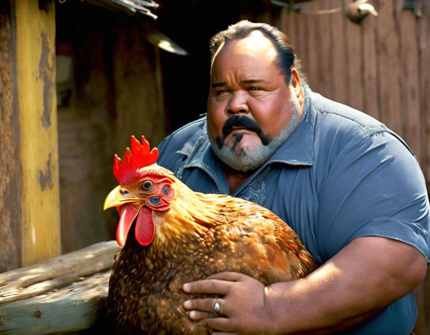 Man with Goatee Holding Large Brown Chicken Outdoors