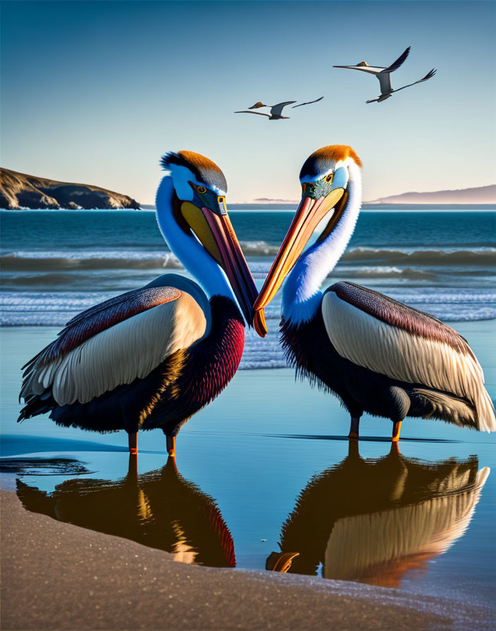 Pelicans on Beach with Reflections, Birds Flying, Hills Background