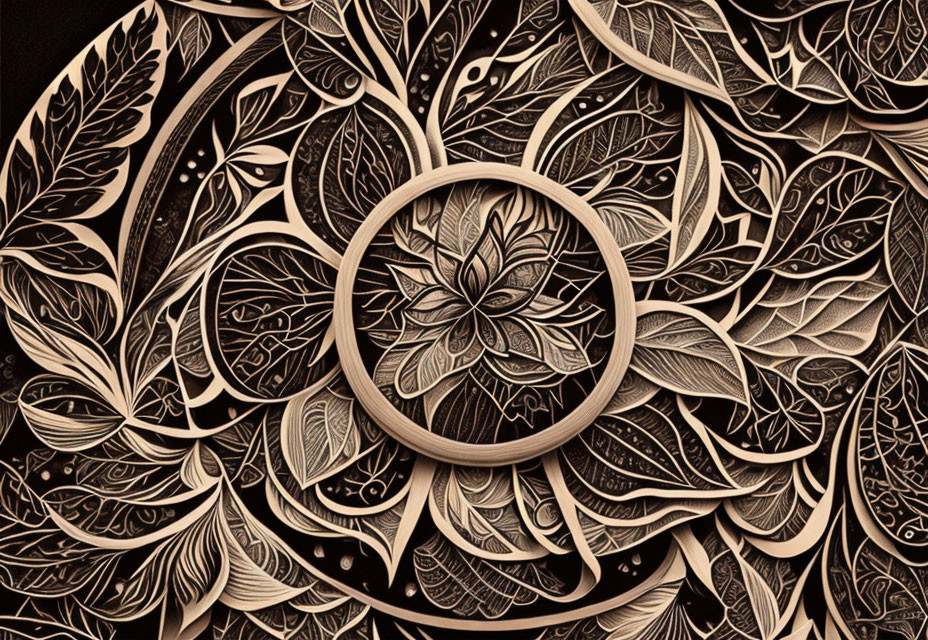 Sepia Toned Floral and Leaf Circular Motif on Textured Background