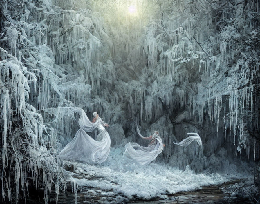 Ethereal figures dancing in snowy forest with icicle-laden trees