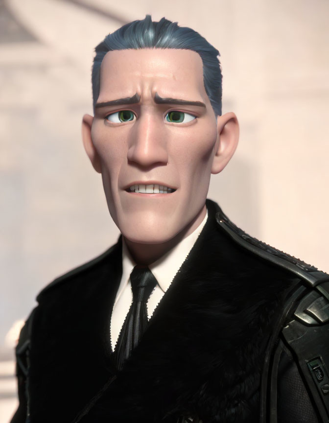 3D animated male character with green eyes, blue hair, and black suit displaying concern or confusion