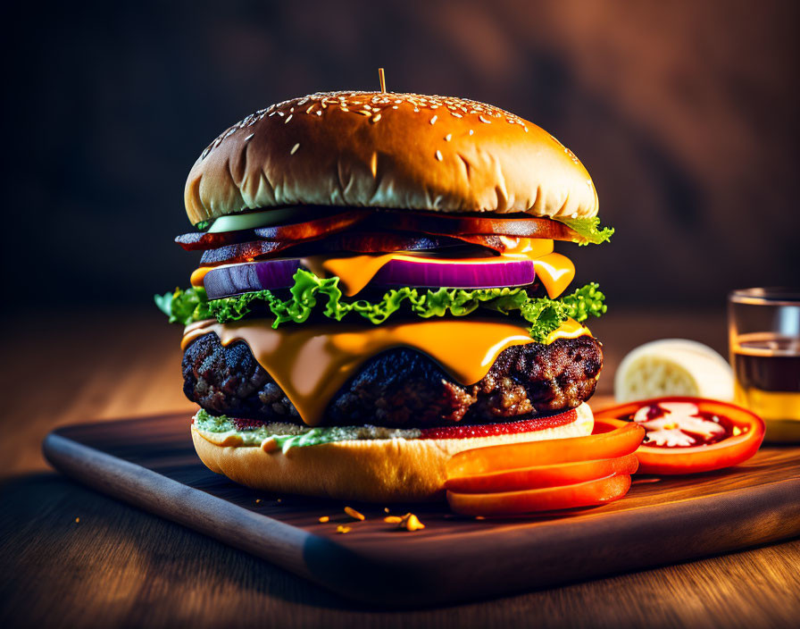 Double Cheeseburger with Lettuce, Tomato, Cheese, and Bacon on Wooden Board