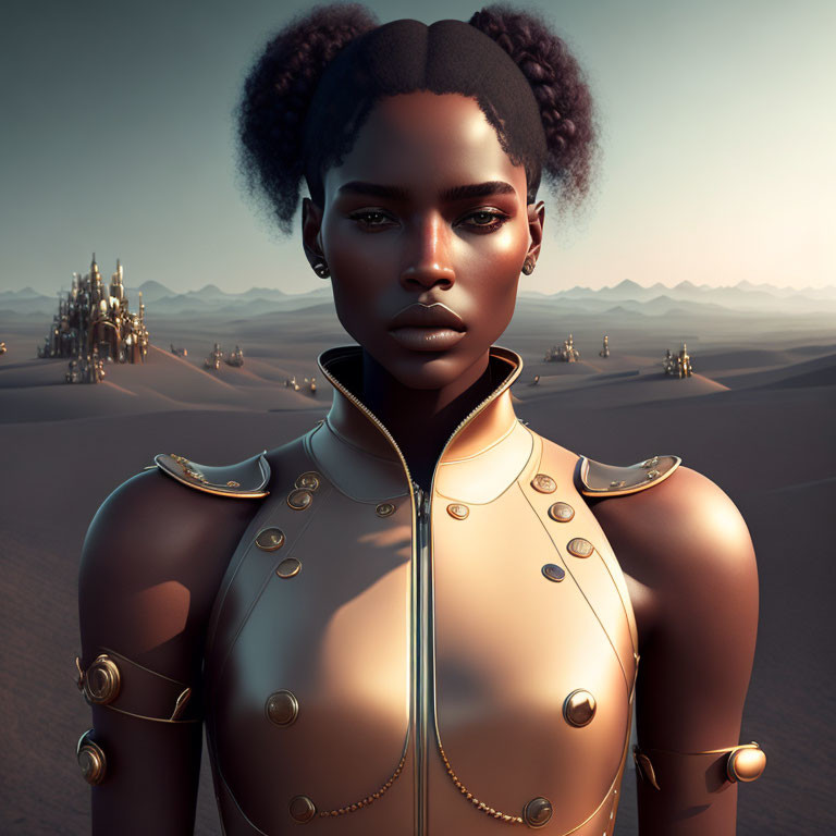 Dark-skinned digital female character in futuristic gold jacket against desert backdrop