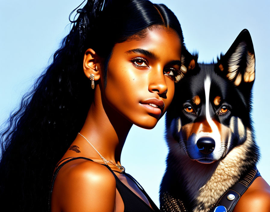 Woman and husky-like dog pose together on blue background.